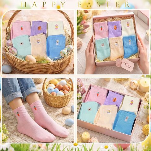 Mepase 6 Pairs Easter Socks for Women Pastel Embroidered Ankle Socks Bunny Carrot Easter Egg Chick Basket Stuffers for Teen in Saudi Arabia