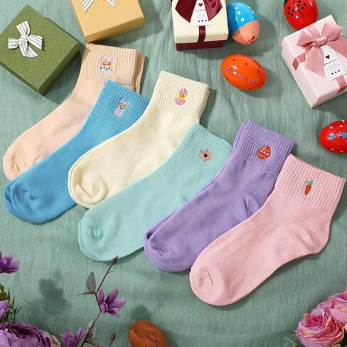 Mepase 6 Pairs Easter Socks for Women Pastel Embroidered Ankle Socks Bunny Carrot Easter Egg Chick Basket Stuffers for Teen in Saudi Arabia