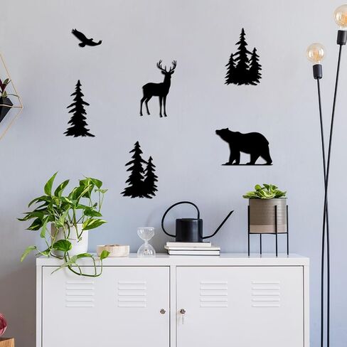 Oubasa 6 Pieces Metal Wall Art Deer Bear Pine Tree Wall Decor Hanging Forest Decor Rustic Cut Metal Art Wall Decor for Home Bedroom Office Outdoor Decorations in Saudi Arabia