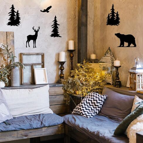 Oubasa 6 Pieces Metal Wall Art Deer Bear Pine Tree Wall Decor Hanging Forest Decor Rustic Cut Metal Art Wall Decor for Home Bedroom Office Outdoor Decorations in Saudi Arabia