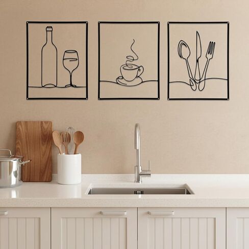 Douaowoc 3 Pieces Metal Minimalist Line Kitchen Signs Wall Decor Drawing Rustic Kitchen Wall Art for Kitchens Dining Living Room Home, 14 x 11 Inches (Black) in Kuwait
