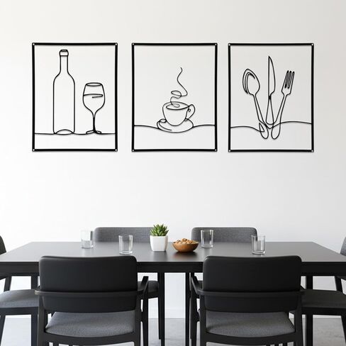 Douaowoc 3 Pieces Metal Minimalist Line Kitchen Signs Wall Decor Drawing Rustic Kitchen Wall Art for Kitchens Dining Living Room Home, 14 x 11 Inches (Black) in Kuwait