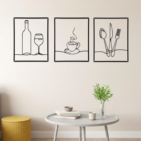 Douaowoc 3 Pieces Metal Minimalist Line Kitchen Signs Wall Decor Drawing Rustic Kitchen Wall Art for Kitchens Dining Living Room Home, 14 x 11 Inches (Black) in Kuwait