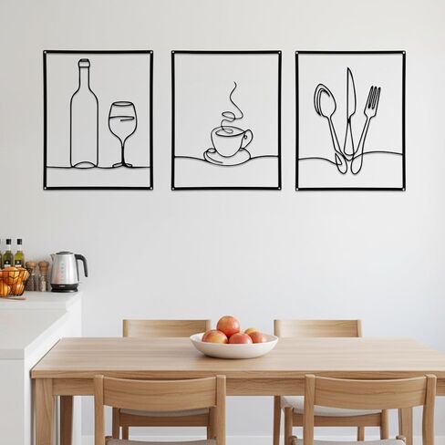 Douaowoc 3 Pieces Metal Minimalist Line Kitchen Signs Wall Decor Drawing Rustic Kitchen Wall Art for Kitchens Dining Living Room Home, 14 x 11 Inches (Black) in Kuwait