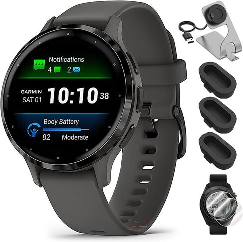 Garmin 010-02785-02 Venu 3S Health Fitness GPS Smartwatch Gold Steel Bezel with French Gray Case 41mm Bundle with Deco Essentials Charging Dock, Dust Cover 3 Pack and 2-Pack Screen Protector in Saudi Arabia