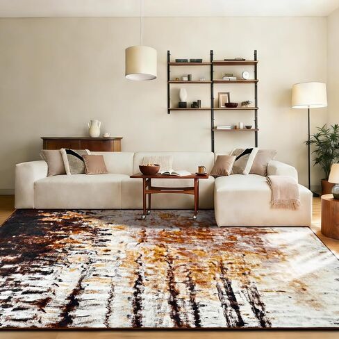 flydoit الحديثة مجردة 5x7 منطقة البساط البني لغرفة المعيشة، سجادة قابلة للغسل عدم الانزلاق رمي السجاد لينة رقيقة الكلمة السجاد، نمط الطباعة، السجاد الداخلي لغرفة النوم غرفة الطعام مدخل المزرعة ديكور المنزل in Kuwait