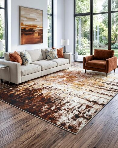 FlyDOIT Modern Abstract 5x7 Brown Area Rug for Living Room, Washable Rug Non Slip Throw Carpet Soft Thin Floor Carpets, Print Pattern, Indoor Rugs for Bedroom Dining Room Farmhouse Entryway Home Decor in Saudi Arabia