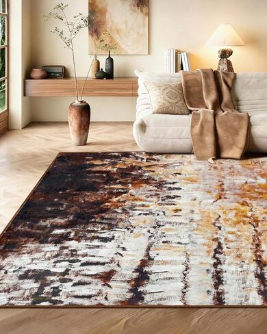 FlyDOIT Modern Abstract 5x7 Brown Area Rug for Living Room, Washable Rug Non Slip Throw Carpet Soft Thin Floor Carpets, Print Pattern, Indoor Rugs for Bedroom Dining Room Farmhouse Entryway Home Decor in Saudi Arabia