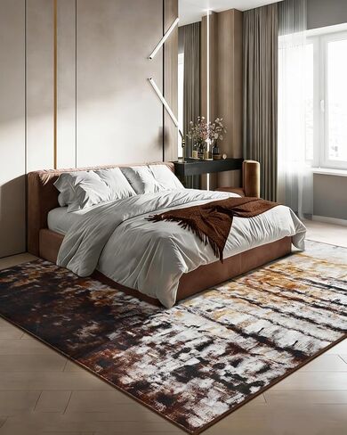 FlyDOIT Modern Abstract 5x7 Brown Area Rug for Living Room, Washable Rug Non Slip Throw Carpet Soft Thin Floor Carpets, Print Pattern, Indoor Rugs for Bedroom Dining Room Farmhouse Entryway Home Decor in Saudi Arabia