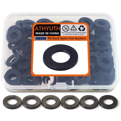M8 Black Nylon Washers, 8mm ID，16mm OD, 1.5mm Thickness, Plastic Flat Round Washers, 150 Pieces Nylon Washers Hardware Set in Kuwait