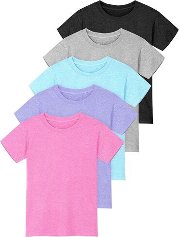 تي شيرت بناتي مناسب للجفاف مكون من 5 قطع، تي شيرت للأطفال برقبة دائرية، تي شيرت رياضي نشط للأداء الرياضي، قميص يومي كاجوال للأطفال in Kuwait