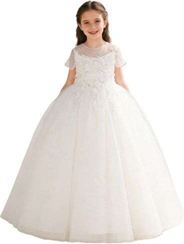 فستان بناتي من ABAO SISTER من التول الأبيض مطرز بالدانتيل على شكل زهرة فستان رسمي لحفلات الزفاف أنيق للأميرة in Kuwait