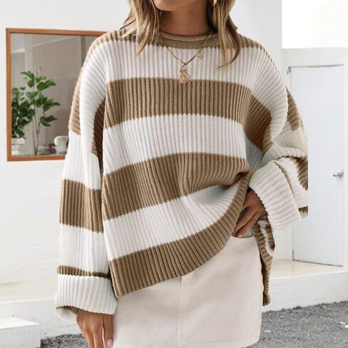 Women's 2025 Fall Long Sleeve Oversized Striped Color Block Crew Neck Knit Pullover Sweater in Saudi Arabia