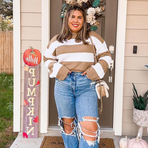 Women's 2025 Fall Long Sleeve Oversized Striped Color Block Crew Neck Knit Pullover Sweater in Saudi Arabia