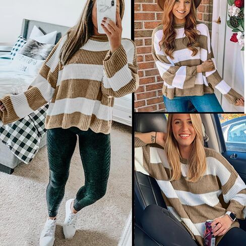 Women's 2025 Fall Long Sleeve Oversized Striped Color Block Crew Neck Knit Pullover Sweater in Saudi Arabia