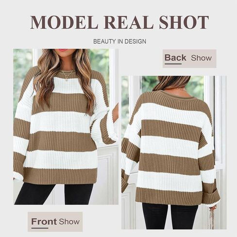 Women's 2025 Fall Long Sleeve Oversized Striped Color Block Crew Neck Knit Pullover Sweater in Saudi Arabia