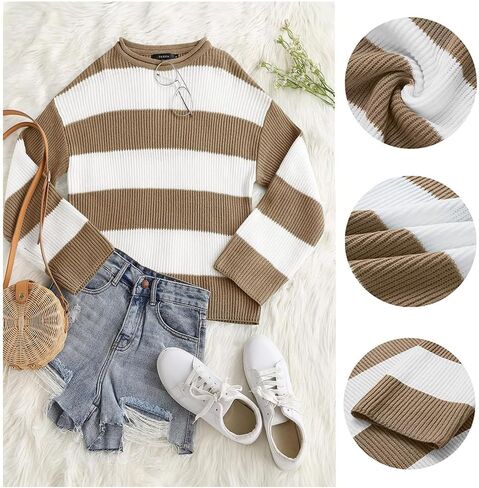 Women's 2025 Fall Long Sleeve Oversized Striped Color Block Crew Neck Knit Pullover Sweater in Saudi Arabia