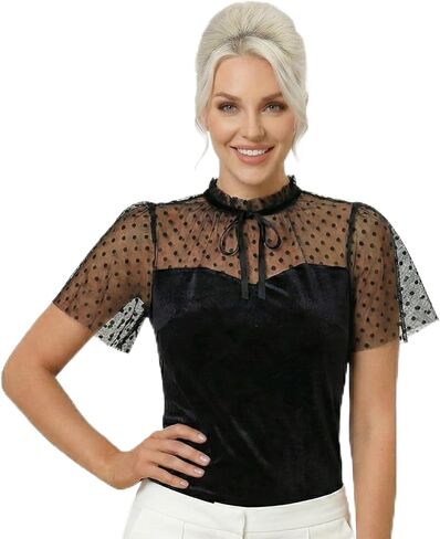 Colette Blouse, Black Velvet with Polka Dot Tulle, Vintage-Inspired Stand-Up Collar with Bow, Flutter Sleeves in Saudi Arabia
