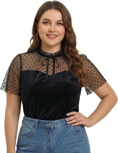 Colette Blouse, Black Velvet with Polka Dot Tulle, Vintage-Inspired Stand-Up Collar with Bow, Flutter Sleeves in Saudi Arabia