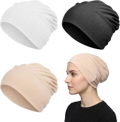 3 Pcs Women Hijab Undercap, Non Slip Hijab Cap, Solid Color Undercap Under Scarf for Women (Black, White, Khaki) in Saudi Arabia