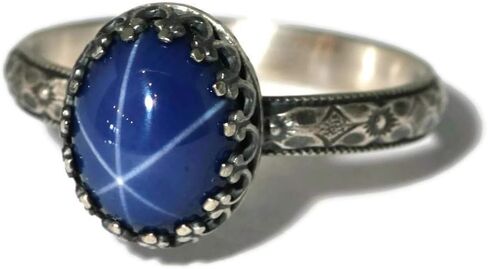 Large Oval Created Blue Star Sapphire Ring Symmetrical Flower Crown Vintage Silver in Kuwait
