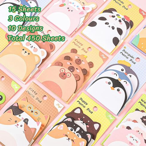ملاحظات لاصقة لطيفة، 10 عبوات 450 ورقة ملاحظات لاصقة على شكل حيوانات كرتونية Kawaii حيوانات صغيرة على شكل علامات أعلام وسادات مذكرة ذاتية اللصق للكبار في المنزل والمكتب وهدايا زملاء الغرف in Kuwait