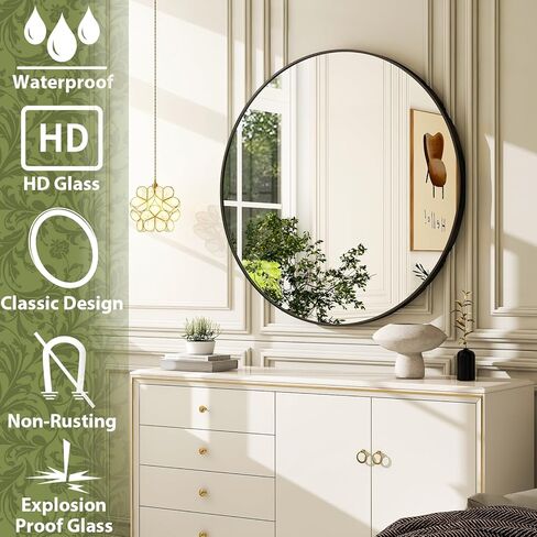 مرآة حمام مستديرة مقاس 30 بوصة - مرآة دائرية سوداء مثبتة على الحائط بإطار معدني، مرآة معلقة دائرية حديثة مناسبة للحمام والزينة والمدخل وغرفة المعيشة in Kuwait