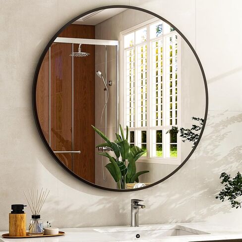 مرآة حمام مستديرة مقاس 30 بوصة - مرآة دائرية سوداء مثبتة على الحائط بإطار معدني، مرآة معلقة دائرية حديثة مناسبة للحمام والزينة والمدخل وغرفة المعيشة in Kuwait