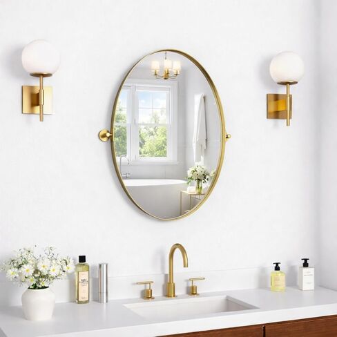 مرآة بيضاوية محورية مقاس 18 × 28 بوصة مرايا حائط مائلة معدنية ذهبية لغرفة المعيشة في الحمام | إطار قابل للتعديل وزجاج مقاوم للكسر in Kuwait