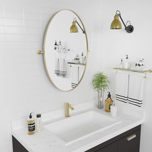 مرآة بيضاوية محورية مقاس 18 × 28 بوصة مرايا حائط مائلة معدنية ذهبية لغرفة المعيشة في الحمام | إطار قابل للتعديل وزجاج مقاوم للكسر in Kuwait