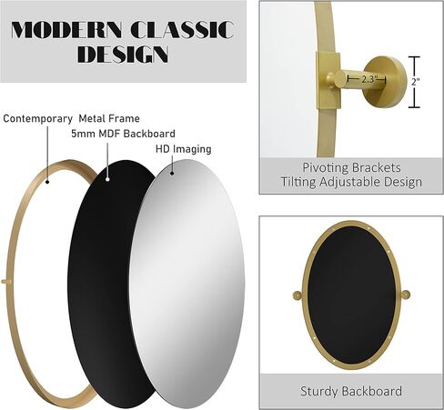 مرآة بيضاوية محورية مقاس 18 × 28 بوصة مرايا حائط مائلة معدنية ذهبية لغرفة المعيشة في الحمام | إطار قابل للتعديل وزجاج مقاوم للكسر in Kuwait
