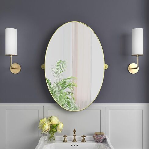 مرآة بيضاوية محورية مقاس 18 × 28 بوصة مرايا حائط مائلة معدنية ذهبية لغرفة المعيشة في الحمام | إطار قابل للتعديل وزجاج مقاوم للكسر in Kuwait