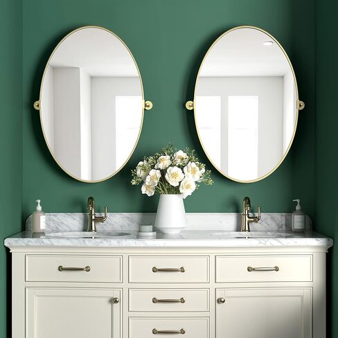 مرآة بيضاوية محورية مقاس 18 × 28 بوصة مرايا حائط مائلة معدنية ذهبية لغرفة المعيشة في الحمام | إطار قابل للتعديل وزجاج مقاوم للكسر in Kuwait