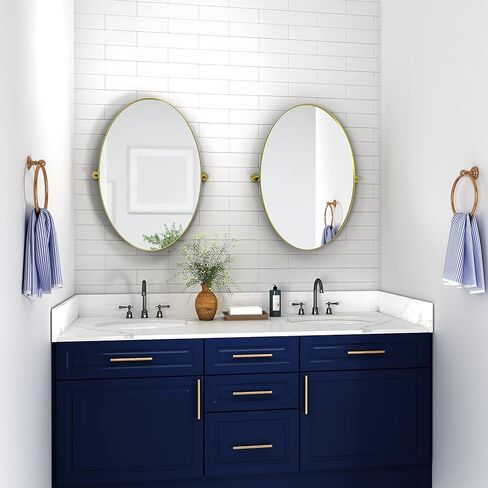 مرآة بيضاوية محورية مقاس 18 × 28 بوصة مرايا حائط مائلة معدنية ذهبية لغرفة المعيشة في الحمام | إطار قابل للتعديل وزجاج مقاوم للكسر in Kuwait