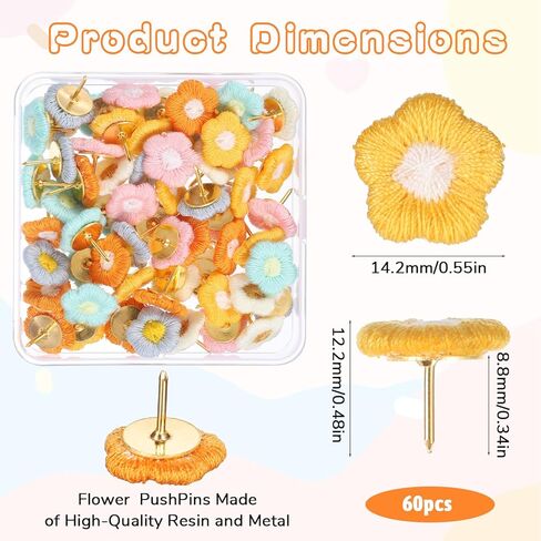 60 PCS Flower Push Pins, Colorful Flower Decorative Thumb Tacks Cute Flowers Corkboard Pins Flowers Pushpins for Office Home School Whiteboard Bulletin Board Photo Wall Decor in Saudi Arabia