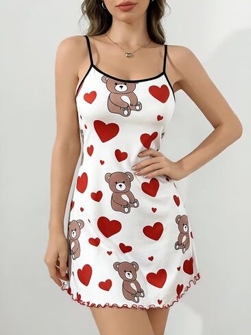 Women's Camisole Nightgown Cute Bear & Heart Print Soft Sleepwear Lounge Dress for Spring and Summer in Saudi Arabia