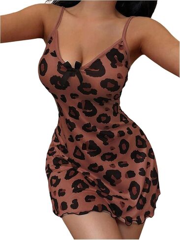 Women's Cheetah Graphic Nightgown Bowknot Front Cami Mini Dress A Line Lettuce Trim Dress in Saudi Arabia