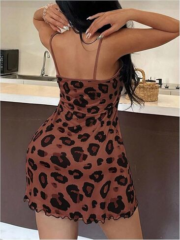 Women's Cheetah Graphic Nightgown Bowknot Front Cami Mini Dress A Line Lettuce Trim Dress in Saudi Arabia