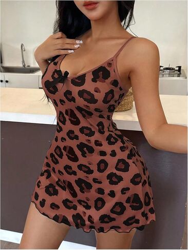 Women's Cheetah Graphic Nightgown Bowknot Front Cami Mini Dress A Line Lettuce Trim Dress in Saudi Arabia