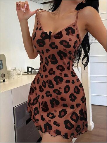Women's Cheetah Graphic Nightgown Bowknot Front Cami Mini Dress A Line Lettuce Trim Dress in Saudi Arabia