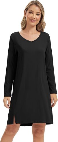 WiWi Women's Nightgown Soft Ribbed Long Sleeve Nightshirt Bamboo Viscose V-Neck Sleepwear Casual Sleep Shirt S-XXL in Saudi Arabia