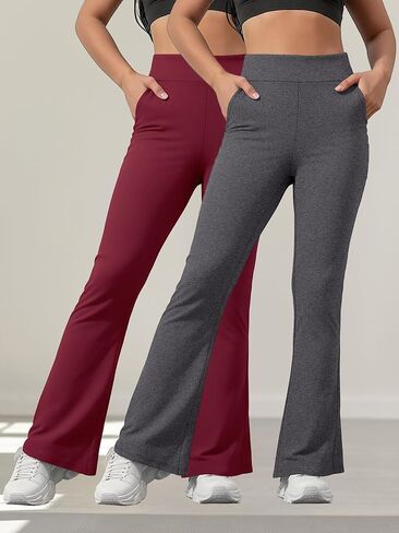 2 Piece Women Flare Leggings - Ribbed High Waist Butt Lifting Stretchy with Pockets Yoga Pants for Casual Gym Y2k in Saudi Arabia