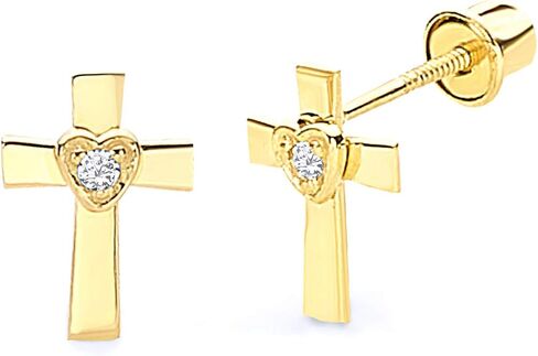 Wellingsale 14K الذهب الأصفر المصقول عبر القلب أقراط مع المسمار الخلفي in Saudi Arabia