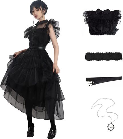 Women Vintage Goth Black Dress Costume Gothic Cosplay Girl Dance Tulle Lace Skirt Halloween Party Outfit with Necklace in Kuwait