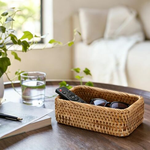 BTSKY Remote Control Basket 7.9" x 5.1", Decorative Small Basket Handwoven Rattan Storage for Jewelry, Cosmetics, Wicker Organizer Rattan Holder for Living Room Coffee Table Entryway Bedroom Vanity in Saudi Arabia