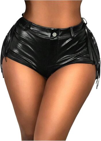Women's Tassel Faux PU Leather Shorts Mid Rise Slim Fit Shorts Night Out Y2k Shorts in Saudi Arabia