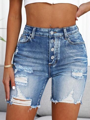 Women's Denim Shorts High Waisted Ripped Distressed Regular Fit Frayed Raw Hem Casual Jean Shorts in Saudi Arabia