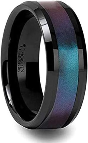 Barracuda Black Ceramic Ring with Bevels and Blue-Purple Color Changing Inlay by Thorsten Jewelry - 8mm in Kuwait