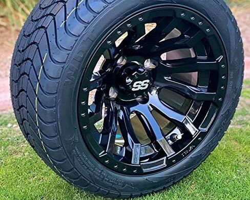 12" MAVERICK GLOSS BLACK ALUMINUM WHEELS AND 215/40-12 LOW PROFILE DOT TIRES COMBO - SET OF 4 (Standard Lugs (EZGO, Club Cart etc)) in Saudi Arabia