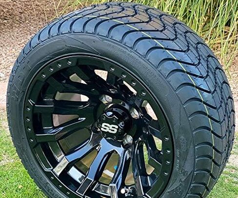 12" MAVERICK GLOSS BLACK ALUMINUM WHEELS AND 215/40-12 LOW PROFILE DOT TIRES COMBO - SET OF 4 (Standard Lugs (EZGO, Club Cart etc)) in Saudi Arabia
